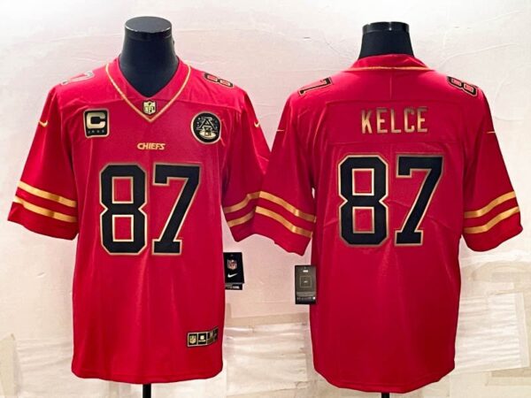 Chiefs 87 Travis Kelce Red Gold Stitched Men Jersey