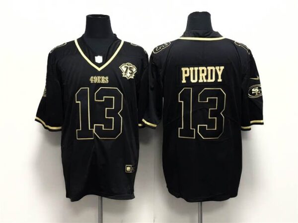 49ers 13 Brock Purdy Black Gold With 75th Patch Stitched Men Jersey