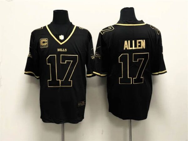 Bills 17 Josh Allen Black Gold With 4-Star C Patch Stitched Men Jersey