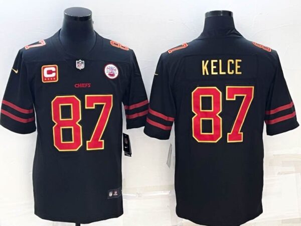 Chiefs 87 Kelce Black Gold Black Gold with C patch Stitched Men Jersey