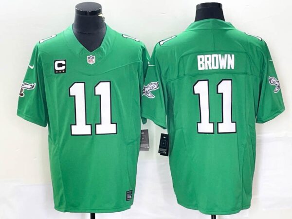 Eagles 11 A.J. Brown Green C Patch 2023 F.U.S.E Stitched Men Jersey