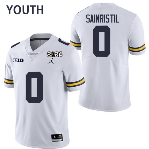 Michigan Wolverines 0 Mike Sainristil White 2024 College Championship Youth Jersey