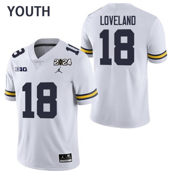 Michigan Wolverines 18 Colston Loveland White 2024 College Championship Youth Jersey