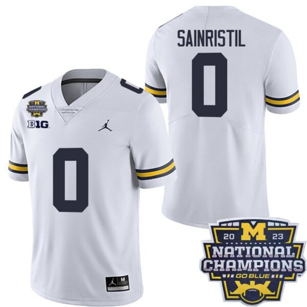 Michigan Wolverines 0 Mike Sainristil White National Champions Men's Stitched Jersey