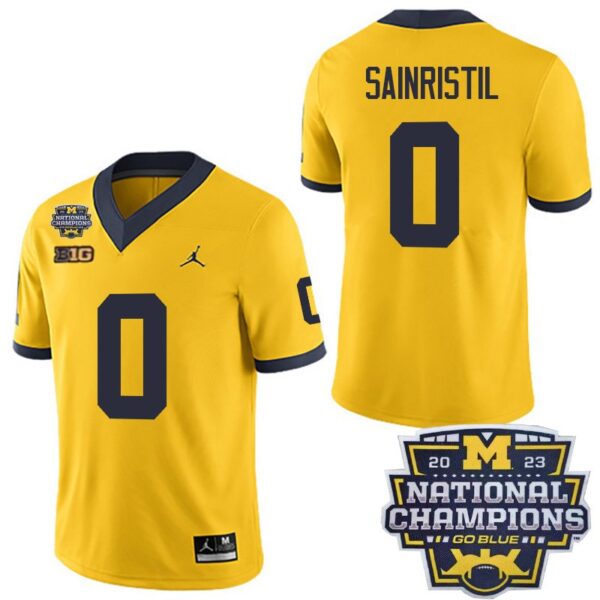 Michigan Wolverines 0 Mike Sainristil Yellow National Champions Men's Stitched Jersey