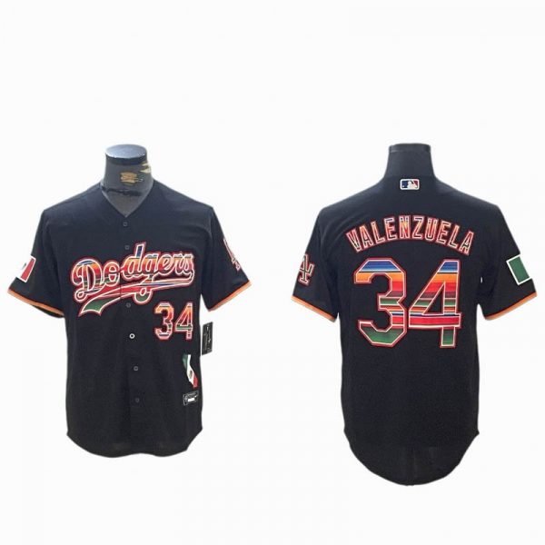 Men's Dodgers #34 Fernando Valenzuela Stitched Jersey Fashion Black Colorful