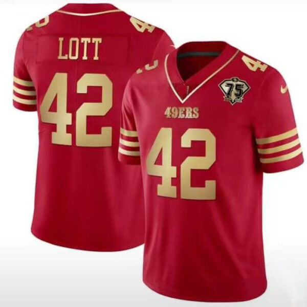 SF.49ers #42 Ronnie Lott Red 75th Scarlet Game Player Jersey Stitched American Football Jerseys