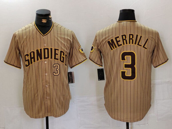 San Diego Padres #3 Jackson Merrill Tan NEW 2023 Cool Base Stitched Baseball Jersey