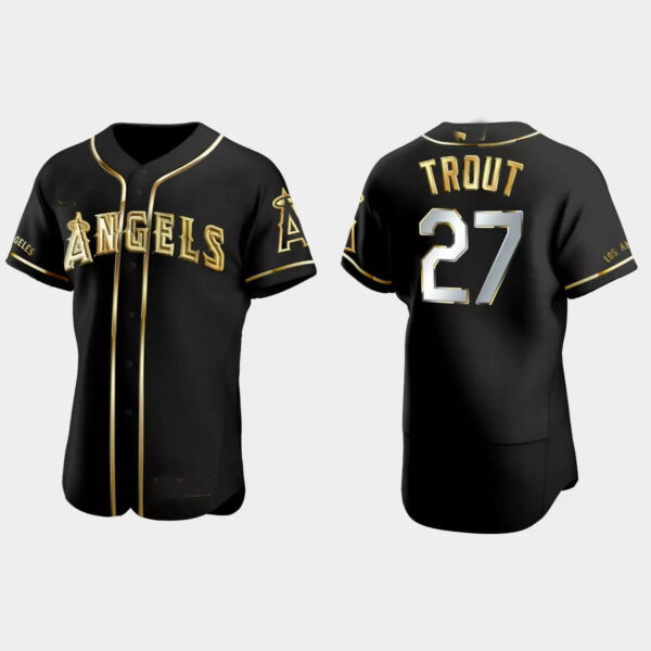 Los Angeles Angels #27 Mike Trout Gold Edition Authentic Jersey C Black Men Youth Women Baseball Jerseys