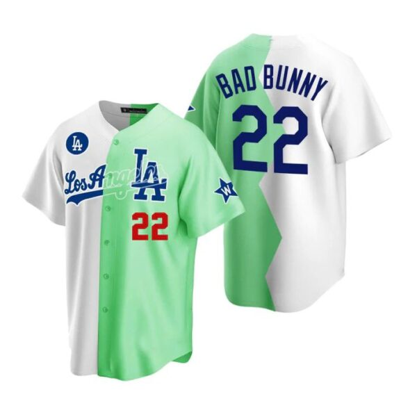 Baseball Jerseys #22 Bad Bunny Los Angeles Dodgers White Green 2022 Stitched Split Jersey