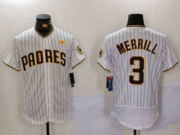 San Diego Padres #3 Jackson Merrill White With PS Patch Stitched Flex Base Baseball Jersey