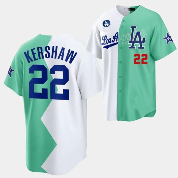 Baseball Jerseys #22 Clayton Kershaw Los Angeles Dodgers White Green 2022 Stitched Split Jersey