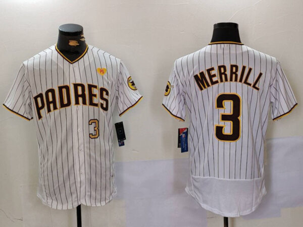 San Diego Padres #3 Jackson Merrill White With PS Patch Stitched Flex Base Baseball Jersey